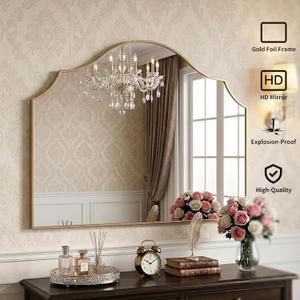 Gold Arched Vanity Mirror, 29"x39" Modern Minimalist Wall Mounted Bathroom Mirror for Living Room, Bedroom, Fireplace, Hallway Mantle, Dresser, Entryway Home Wall Mirrors Decorative