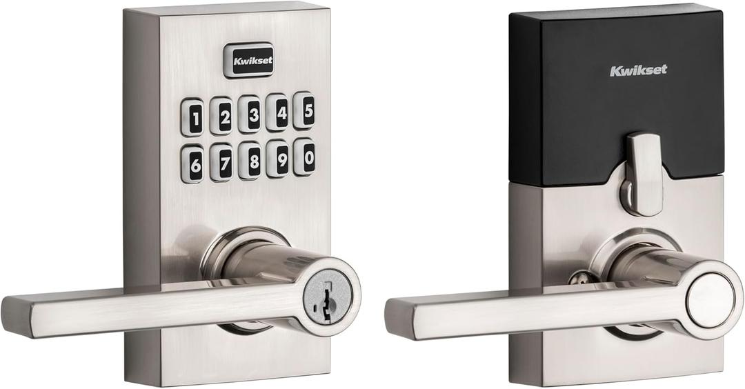 Kwikset SmartCode 917 Keypad Keyless Entry Contemporary Residential Electronic Lever Lock Deadbolt Alternative with Halifax Door Lever and SmartKey Security, Satin Nickel