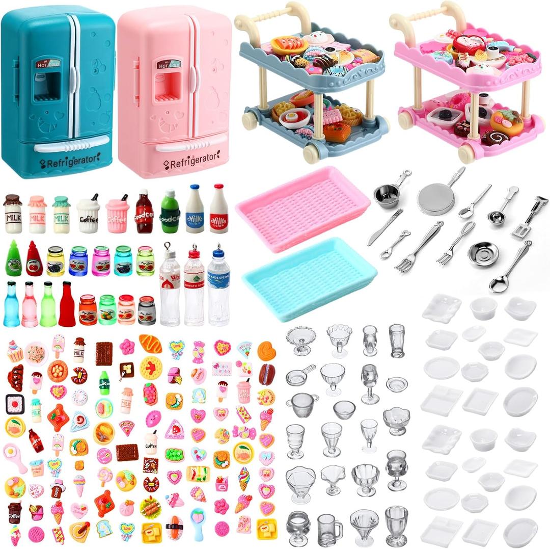 220 Pcs Dollhouse Refrigerator Mini Fridge Toy with Mini Dining Car Miniature Food Drinks Dollhouse Kitchen Furniture Food Toys Dollhouse Miniatures Kitchen Bottles Desserts Decorations