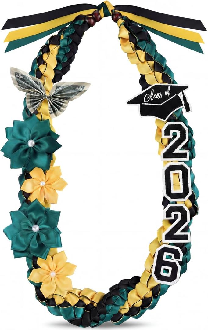 Lyrow 50'' 2026 Graduation Lei Double Braided Strands Graduation Ribbon Leis with 4 Satin Flowers Congrats Graduates Money Leis Class of 2026 Gift for Men Women (Green Black Gold)