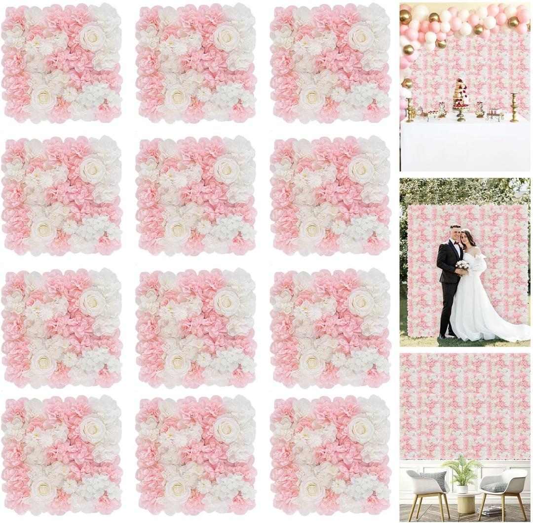 FOTSHARER Pink Flower Wall Backdrop 15''x15'' Floral Rose Wall Panels 12 Pack Artificial Flower Wall Wedding Flower Backdrop Wall 3D Flower Wall Panels for Backdrop Birthday Party Bridal Showers Decor