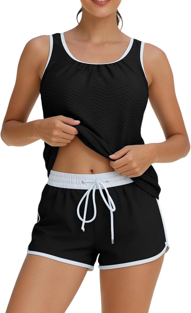 Tankini Swimsuit for Women Summer Trendy 2026 | Modest Tummy Control 2 Piece Bathing Suits, Sporty Swimsuits for Women with Shorts for Athletic,Competition,Surfing (Black, S)