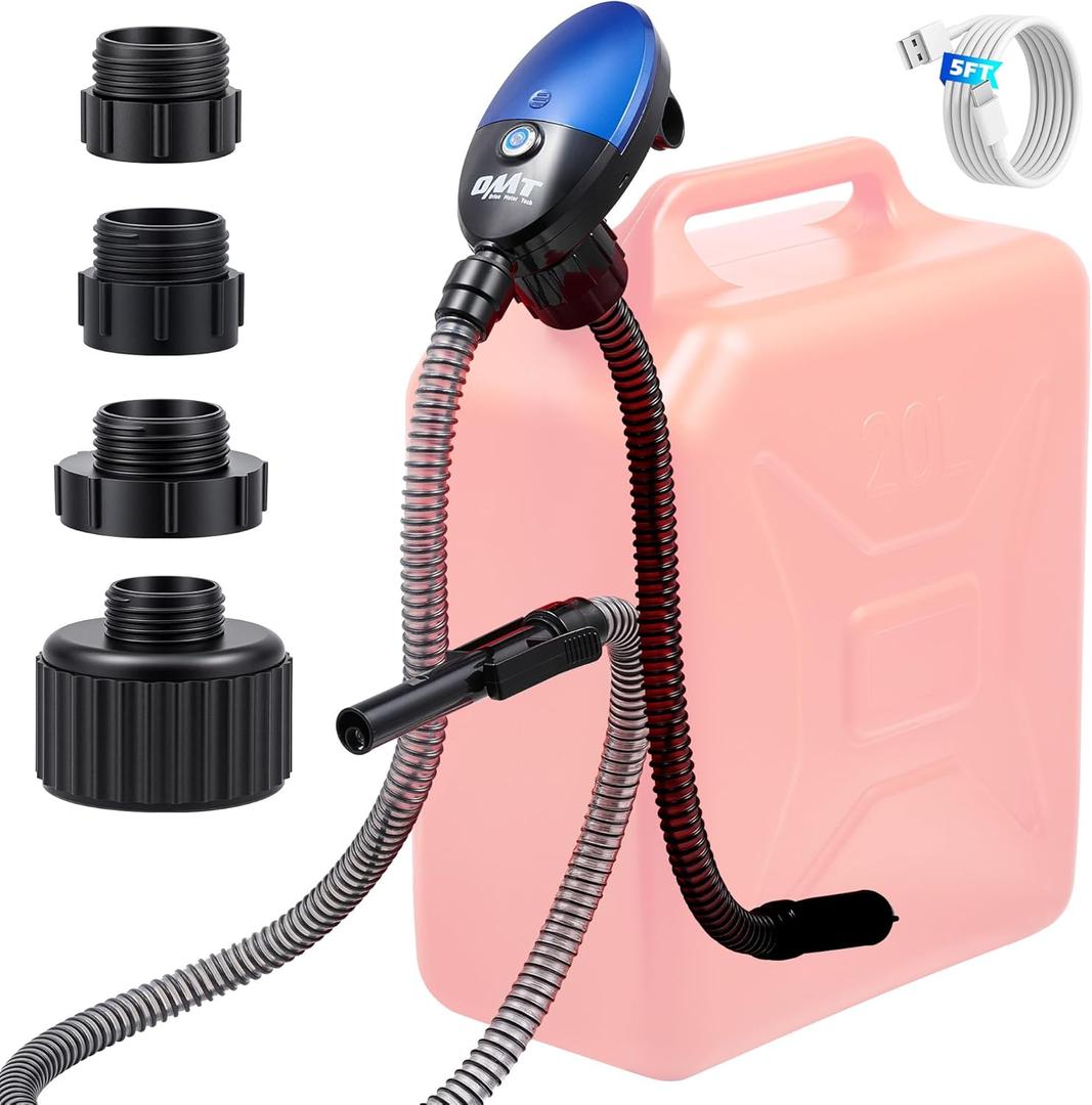 Orion Motor Tech Fuel Transfer Pump, 3.2GPM Electric Gas Can Pump, 51" Hose Auto-Shutoff Nozzle, USB-C & AA Battery (NO BATTERIES INCLUDED) Powered, 4 Adapters for Gasoline, Diesel, Kerosene, Blue