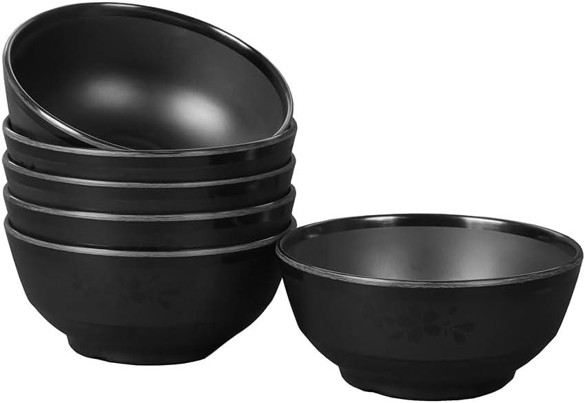 Melamine Cereal and Salad Bowls, 5 Inch, Set of 6, Dishwasher Safe. Black
