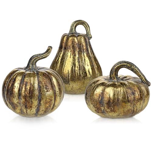 Hollyone Fall Pumpkin Decor 3 PCS Gold Resin Pumpkin Figurines Fake Pumpkins for Decorating Faux Pumpkins Fall Decorations Rustic Farmhouse Home Centerpiece for Thanksgiving Harvest Halloween Autumn
