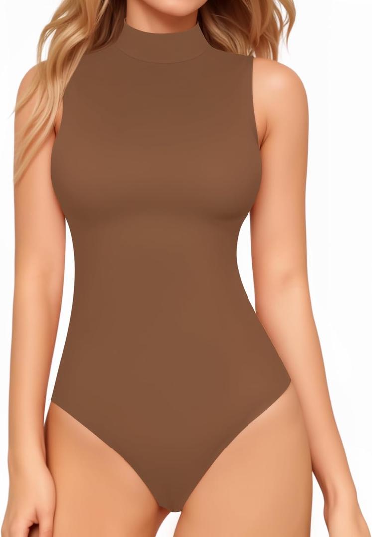 MANGOPOP Women's Mock Turtle Neck Sleeveless Tank Tops Bodysuit Leotard Clothing (Brown, M)
