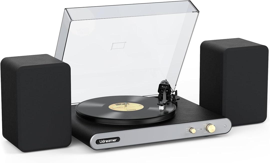 Vinyl Record Player with 40W Bookshelf Speakers and Dual Bluetooth,Hi-fi System Turntable with USB Record,Built-in Phono Preamp, Counterweight, Pitch and AT-3600L,PU Leather Black