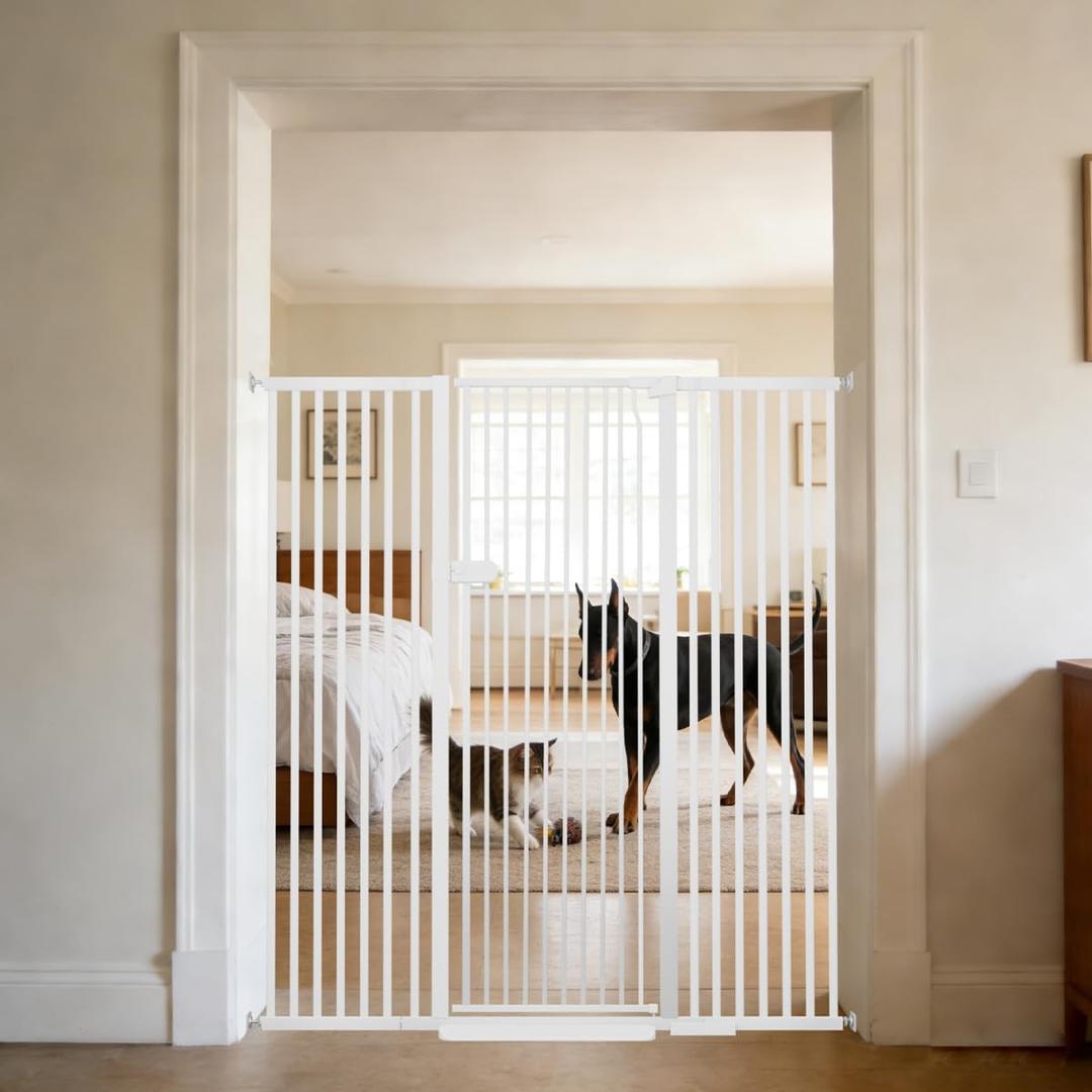 Lumizone Extra Tall Cat Gate 55.12" High Pressure Mounted 29.92"-59.44" Extra Wide 1.37" Gap No Drilling Auto-Close One-Handed Operation Tall Pet Gate for Dogs(White, 55.12" H x 29.92"-59.44" W)