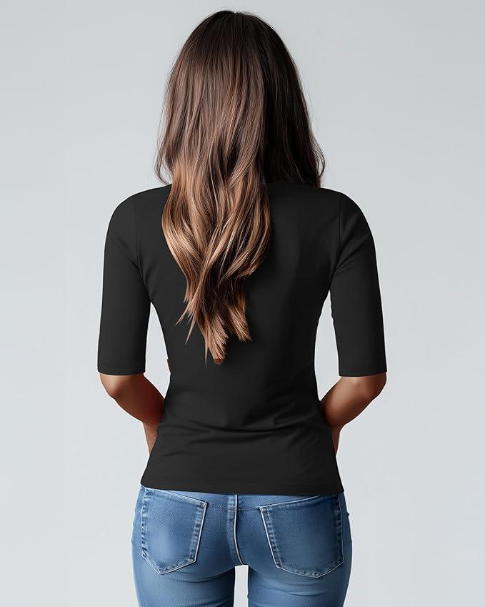 Neer 2 Pack Women's Scoop Neck Tops Half Sleeve Stretchy Cotton Blend Slim Fitted T-Shirts Tight Casual Basic Summer Tees L