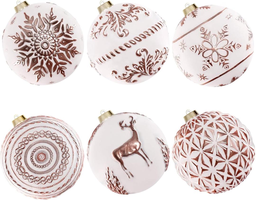 Lanpn 6 Pcs 6" Large Christmas Balls Ornaments, Outdoor Xmas Tree Hanging Decorations, Shatterproof Christmas Ball Ornament Set for Winter Holiday Home, Assorted Relief Pattern, White & Rose Gold