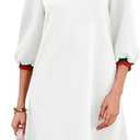 Wenrine Womens 3/4 Sleeve Mini Dress Casual V Neck Collared Textured Loose Fall A Line Argyle Dresses with Pockets (White, Small)