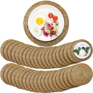 Colingmill 40 Pcs Round Rattan Placemats Bulk, 13 Inch Woven Placemats Natural Straw Hand Woven Farmhouse Boho Round Table Mats for Wedding Bridal Shower Home Dining Dinner Party Decoration
