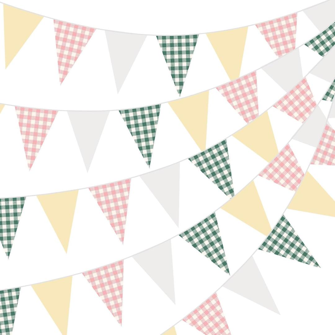 Jetec 49ft Pink Green Gingham Camp Bride Banner Camping Bachelorette Decorations Pink Green Plaid Fabric Pennant Bunting Flag Garland Streamer for Glamping Wedding Bridal Baby Shower Party Decorations