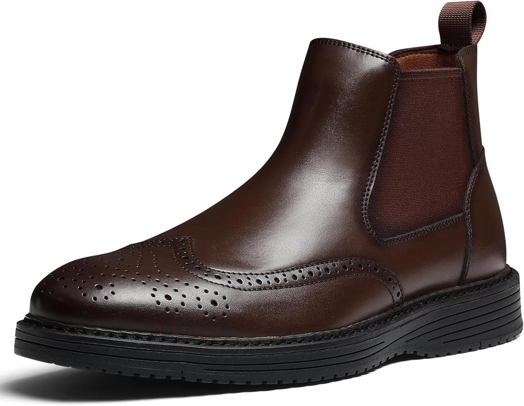 Chelsea Boots Men Genuine Leather Casual Dress Boots Comfortable Classic Brogue Wingtip Slip On Ankle Chukka Boots for Office Casual Travel (Brown, 9)