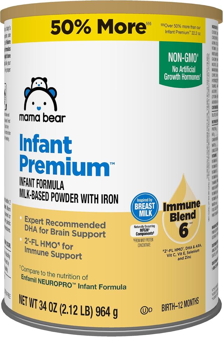 Amazon Brand - Mama Bear Infant Premium Milk-Based Baby Formula Powder with Iron, 2'FL HMO, Omega-3 DHA and Choline, Brain, Growth, Immunity, Non-GMO, 2.12 pound (Pack of 1) (EXP 08/20/26)