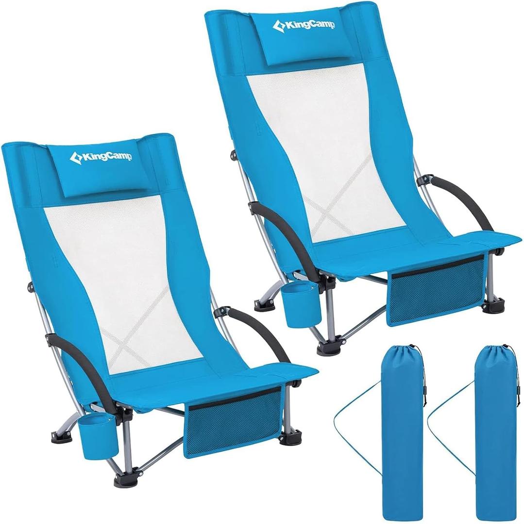 KingCamp Low Beach Chair, High Back Folding Camping Chair for Adults, Oversized Breathable Mesh Seat, 300lbs Heavy Duty Portable Chair with Cup Holder & Storage Pockets for Beach, Outdoor, Twin Pack
