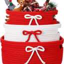 Breling 3 Pieces Valentine's Day Gift Basket Coquette Bow Laundry Hamper Cotton Rope Storage Woven Rope Bin with Handles for Decoration Organization Storage for Nursery, Pet Toy Basket(Red, White)