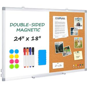 Double-Sided Magnetic WhiteBoard CorkBoard Combo, 24" x 18"
