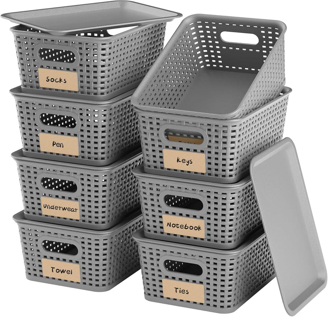 8-Pack Grey Plastic Storage Baskets with Lids, Label Organizers, Stackable Organizer Containers: For Organizing Shelves, Drawers, Desk Closets, Playrooms, Classrooms, Offices