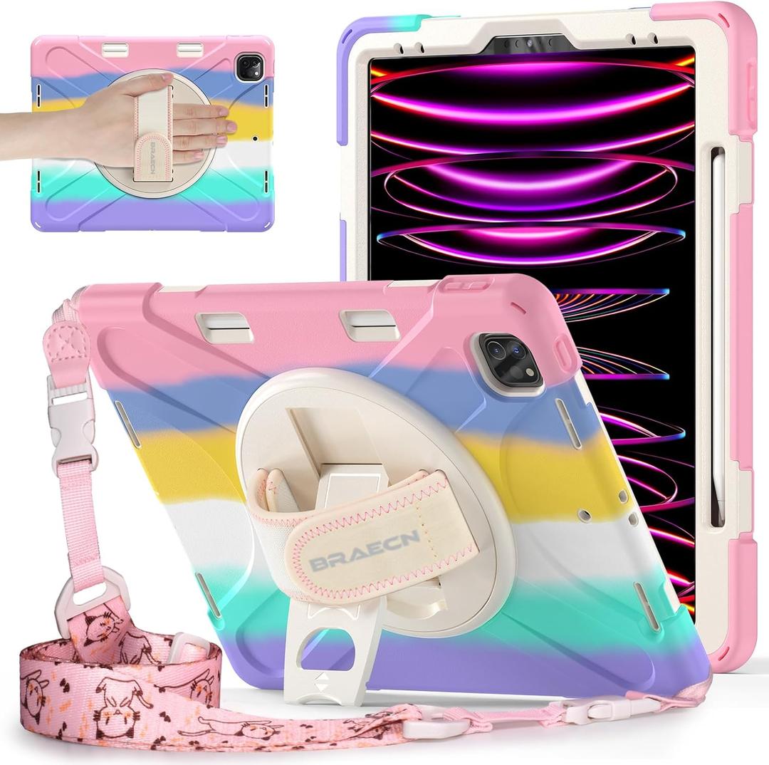 BRAECNstock Kids Case for Apple iPad Air 13 inch (M4/M3/M2)/ iPad Pro 12.9 inch 6th/5th/4th/3rd Gen, Shockproof Protective Case with Pencil Holder, 360 Rotating Hand Strap + Stand, Colorful Pink
