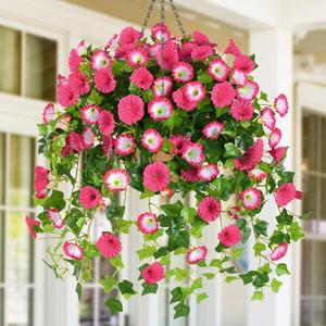 Waipfaru Outdoor Decor - Artificial Hanging Baskets with Flowers, Faux Hanging Plants Outdoors, Urn Fillers for Outside Summer Decor (Mix Fuchsia) (1 Pack)