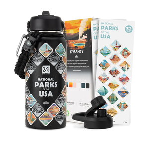 National Parks Water Bottle – 32 oz Insulated Stainless Steel Water Jug with 63 Hand-Drawn Park Stickers, Outdoor Accessories & Gift Box – BPA-Free – Ideal for Hiking, Camping & Travel