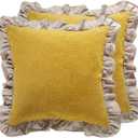 patdrea Shabby Chic Yellow Decorative Throw Pillow Covers 18x18 Set of 2,Farmhouse Linen Pillow Covers with Ruffles,Square Sturdy Throw Pillow Case for Couch Sofa Bed Living Room