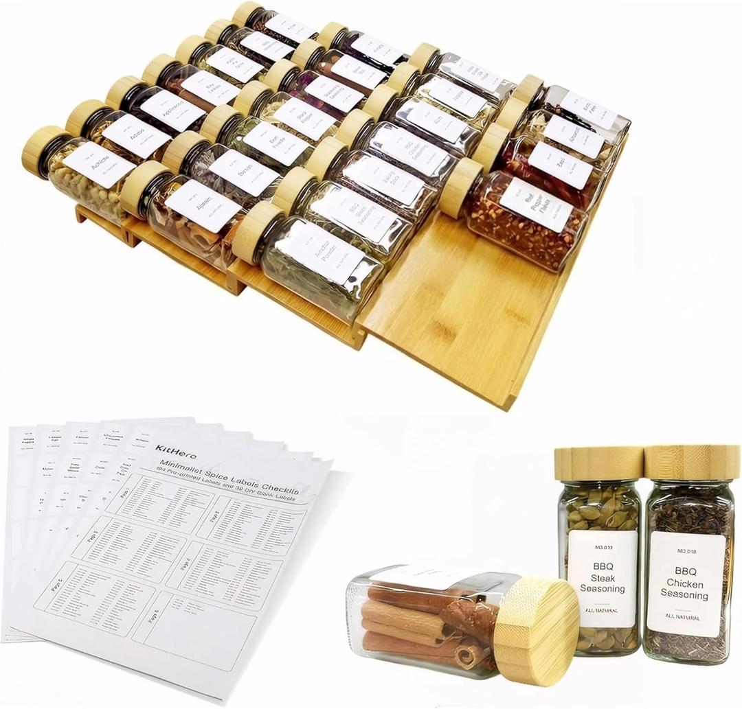 Spice Drawer Organizer with 28 Bamboo-lidded Spice Jars and 216 Labels,Non-slip Rubber, Bamboo 4 Tier Spice Racks Tray Seasoning Containers for Kitchen Drawers,Cabinets,13" Wide * 15.8" Deep