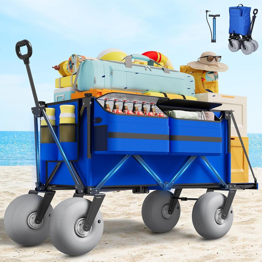 Beach Wagon with Big Wheels for Sand - 450lbs Load Heavy Duty Wagons Carts Foldable with 9" All Terrain Inflatable Tires, Collapsible Beach Cart for Grocery Shopping Garden Sports Camping Outdoor