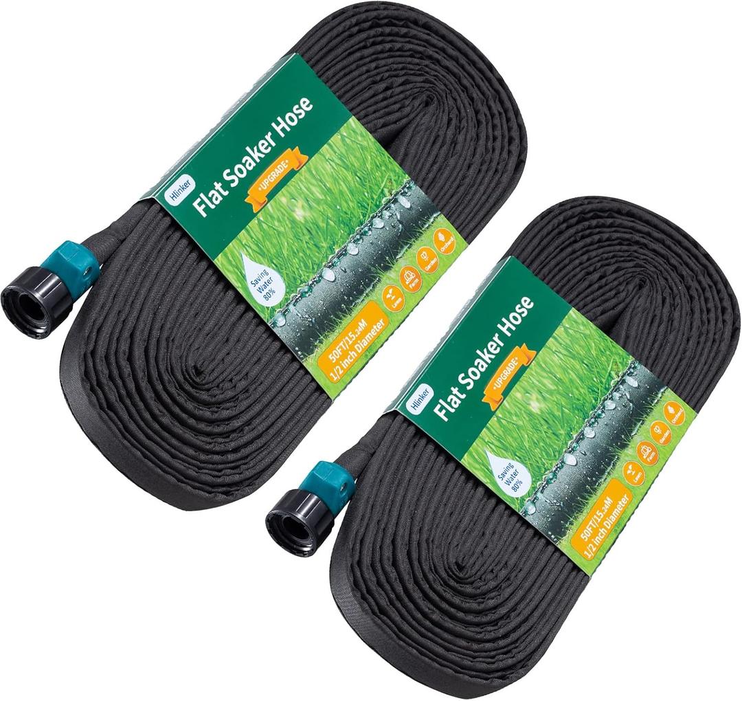 Hlinker Flat Soaker Hose 100 FT for Garden Beds, 50Ft 2Packs 1/2" Linkable Consistent Drip Irrigation Hose Save 80% Water, Leakproof Heavy Duty Double Layer Sprinkler Hose
