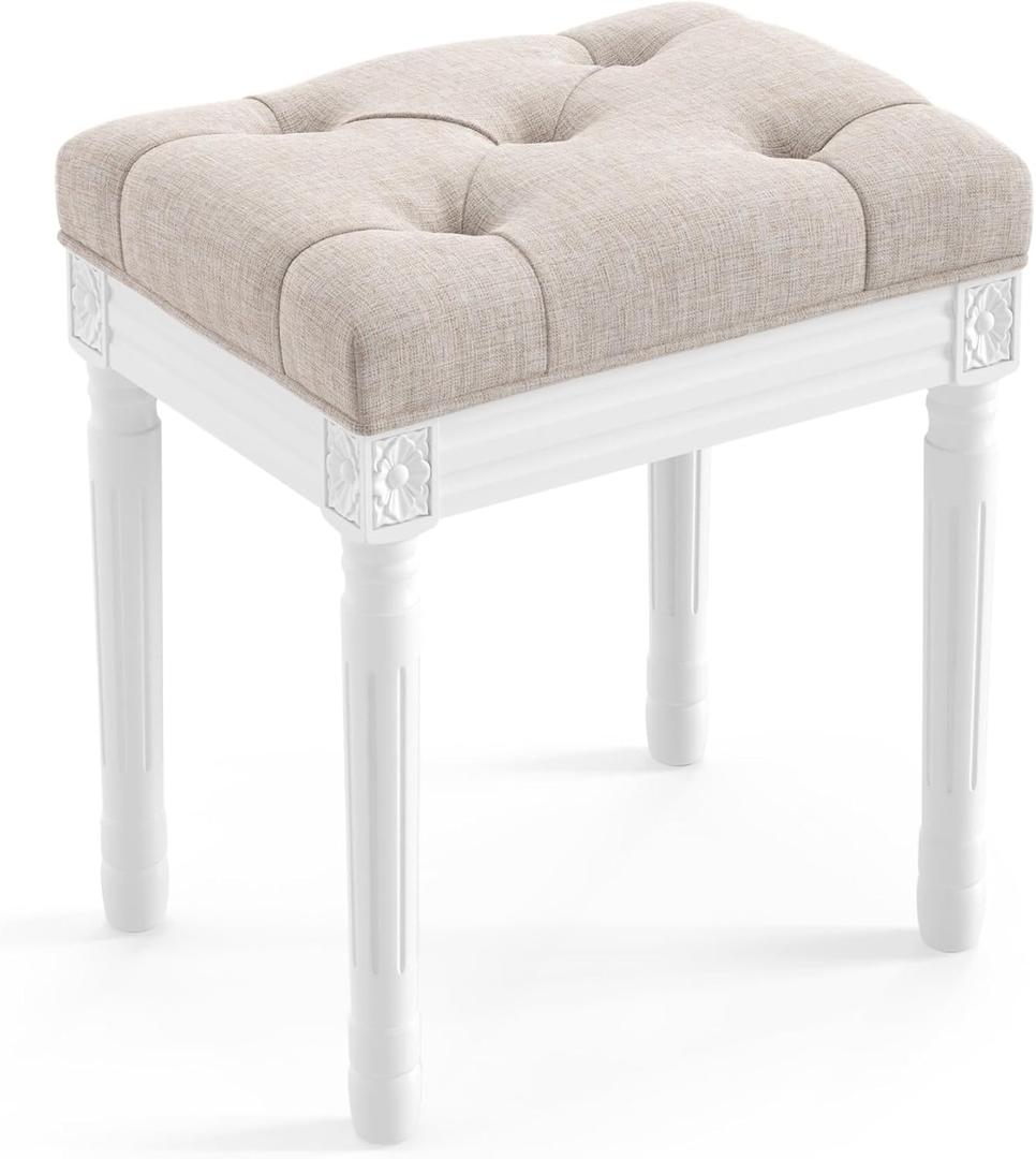 LUE BONA Upholstered Fabric Vanity Bench Seat, Makeup Stools for Vanity, Square Tufted Ottoman Bench with Carved White Legs for Bedroom Living Room, Linen Color