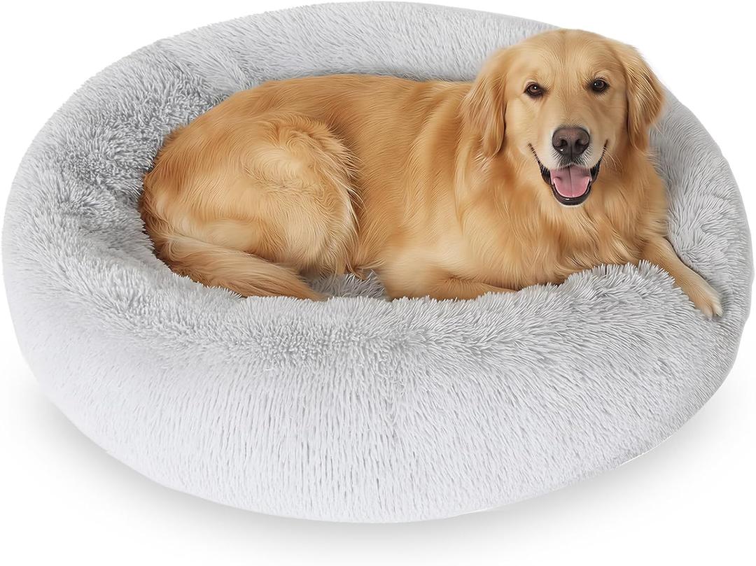 JOLLYVOGUE Dog Beds Large Sized Dog, 36 inches Calming Soft Anti-Anxiety Donut Dogs Bed, Washable Round Fluffy Cushion for Large Pets, Fits up to 80 lbs Pets (01 - Light Grey)