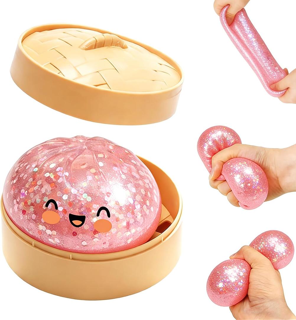 2026 New Glitter Dumpling Squishy Box, Stress Relief, Soft Squeeze Decompression Dough, Glitter Dumpling Squishy for Stress Relief (Transparent Pink)