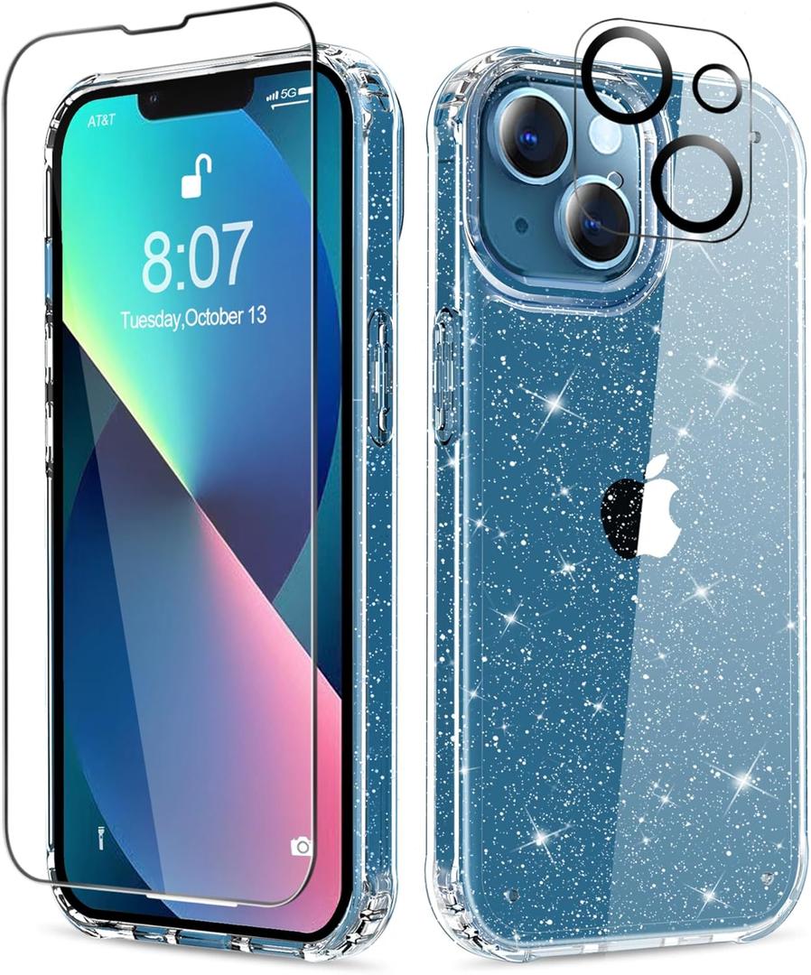 MIODIK Compatible with iPhone 13 Case with Screen Protector + Camera Lens Protector, Clear Glitter Shockproof Protective Phone Case, Slim Women Girls iPhone 13 Cover 6.1 inch - Sparkle Clear