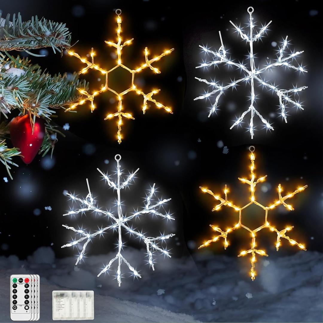 Tuanse 4 Pcs Christmas Silhouette Window Lights Christmas Snowflake Lights with Remote Control LED Lighted Snowflake Decorations Xmas for Window Wall (Warm White and White)
