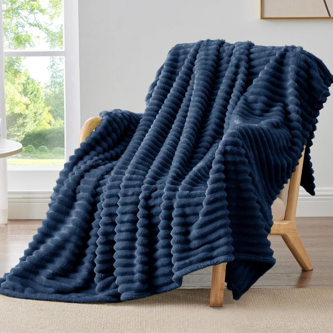 BEDELITE Fleece Throw Blanket for Couch - 300GSM Soft & Warm Fluffy Navy Blanket, Decorative and Giftable Striped Blankets for Women, Men, 50"x70"
