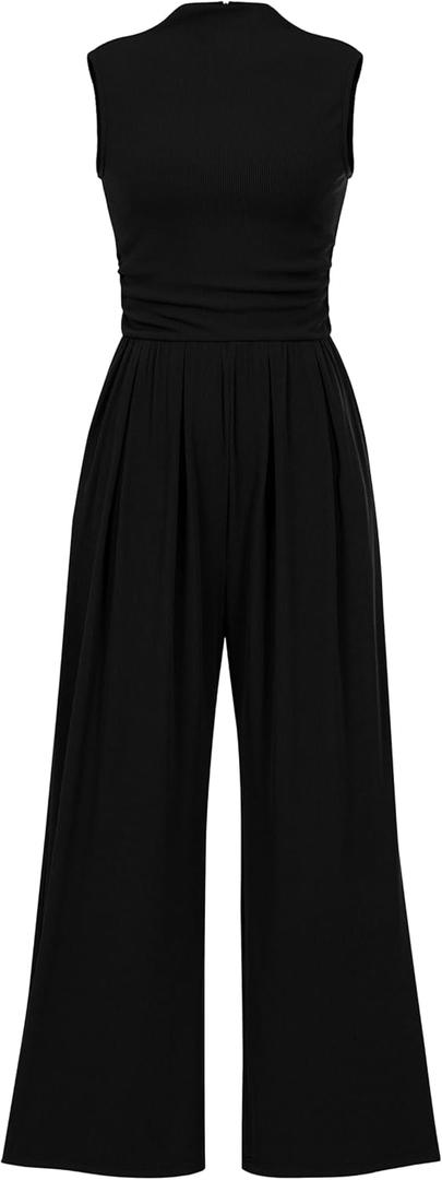 PRETTYGARDEN Womens Summer Jumpsuits Dressy Casual One Piece Outfits Sleeveless Mock Neck Wide Leg Pants Rompers with Pockets (Medium, Black)