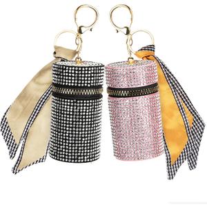 2 Pack Lipstick Case Keychain, Leather Diamond Lip Gloss Holder, Travel Lipstick Organizer for Fingernail Polish (Black, Pink)