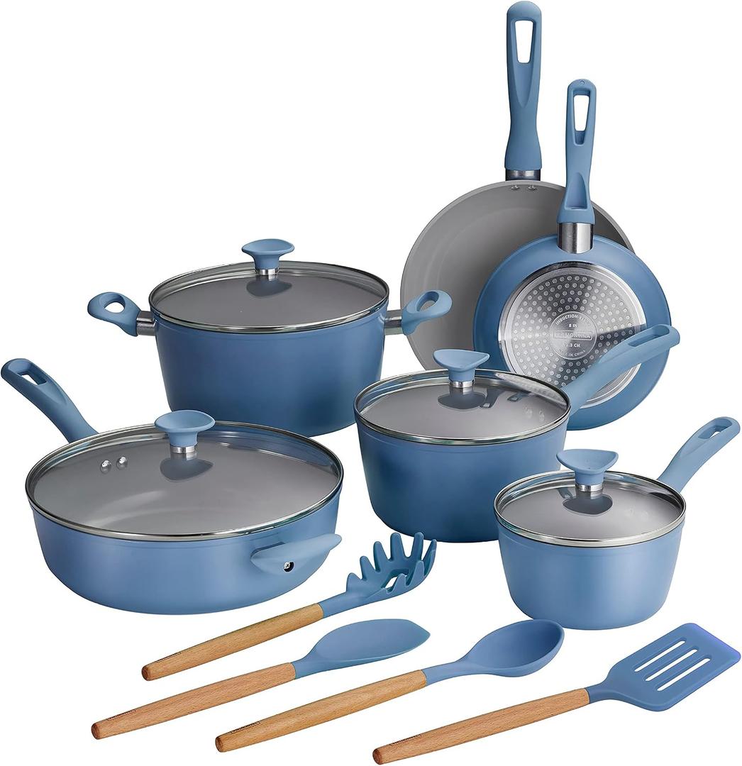Tramontina Solara 14-Piece Ceramic Non Stick Cookware Set with Lids, Heavy-Gauge Aluminum Pots and Pans Kitchen Set with Nonstick Coating, Dishwasher and Oven Safe (Blue), 23.000 x 15.938 x 12.750