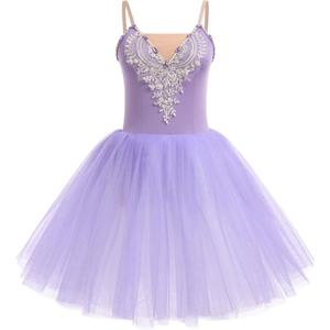 AFAVOM Ballet Leotards for Women Ballerina Performance Swan Lake Costumes Embroidery Tulle Camisole Skirted Leotard Dancewear (Purple, M)