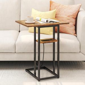 karlott Side Frame Sturdy Without Spliced Foldable Side Table for Couch, C Shaped End Table with Charging Station, Small Sofa Table for Living Room, Bedroom, Small Space, Snack, Rustic Brown