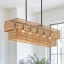 6-Light Boho Rattan Chandeliers for Dining Room, 2 Layer Large Linear Chandelier Rattan Pendant Light Fixture Farmhouse 34 Rectangle Chandelier for Kitchen Island Bar Living Room