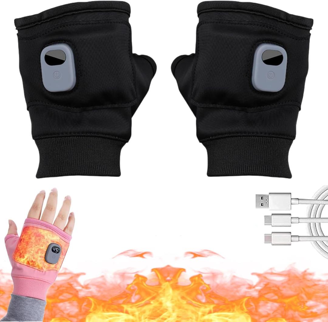 Heated Gloves for Women, Portable Heating Gloves with Digital Display, Heated Glove Fingerless for Women Man, Reusable Smart Thermostatic Heated Fingerless, for Outdoor Work, Cycling