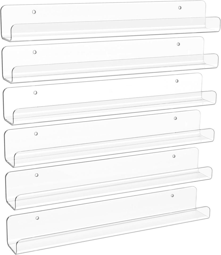 upsimples 6 Pack Clear Acrylic Shelves, 1.7" x12" Clear Wall Shelves for Nail Polish, Vinyl Wall Mount, Record Holder, Magazine Rack, Comic Display, Picture Ledge Shelf Dcor