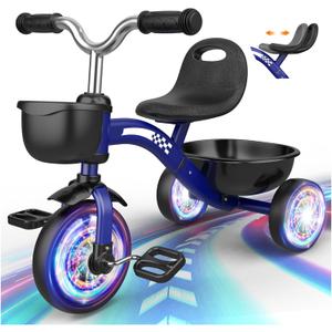 Toddler Tricycle for 1-3 3-4 Year Olds, Toddler Toys Baby Bike, Toys for Ages 2-4, 3-Level Adjustable Seat, 3 Colorful Lighting Wheels, 2 3 4 Year Old Girl Boy Birthday Gifts (Blue)