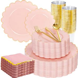 LIYH 210 Pcs Pink and Gold Scalloped Plastic Plates - Disposable Dinnerware Set, Include Gold Plastic Silverware, Pink Plates and Napkins Party Supplies for Birthday Wedding,Easter