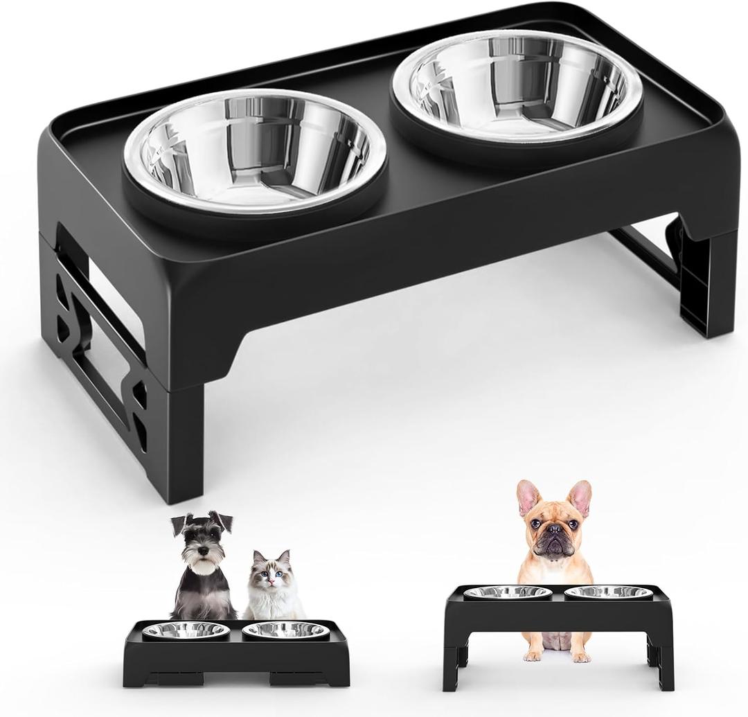Elevated Dog Bowls for Small Medium Dogs - Adjustable Mess Proof Raised Dog Bowl Stand with 2 Premium 17oz Stainless Steel Food Bowl Dish Feeder Adjusts to 2.6- 5.3 Non-Slip Black