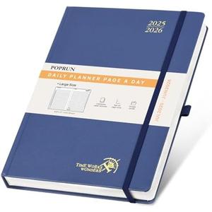 POPRUN 2025-2026 Daily Planner One Page Per Day (Large - 8.25'' x 12'') - Academic Calendar (July 2025 - June 2026), 2025 Day Appointment Book with Monthly Tabs, Hardcover - Navy Blue