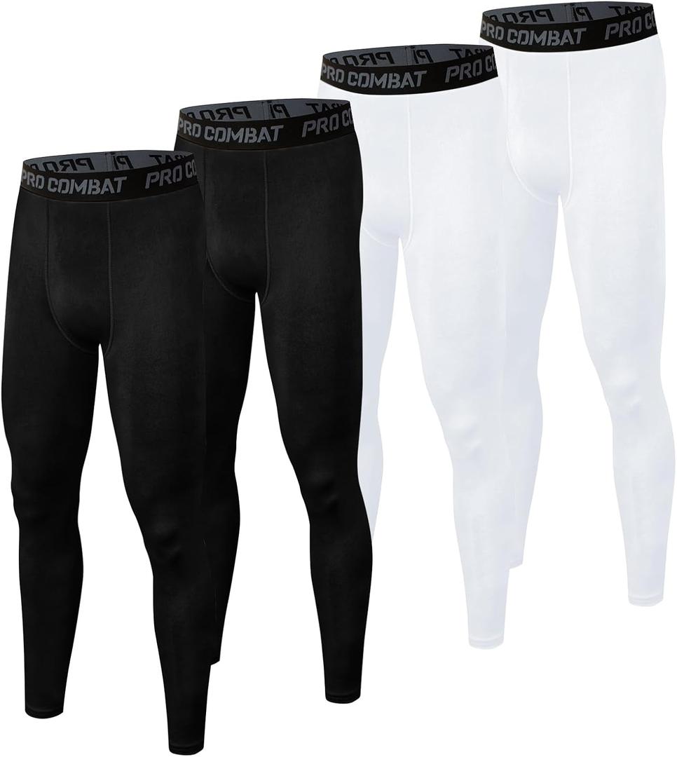 HYCOPROT 4 Pack Men's Compression Pants Tights Athletic Leggings Cool Dry Workout Baselayer Bottoms for Running Yoga Gym, 2black2white, Large