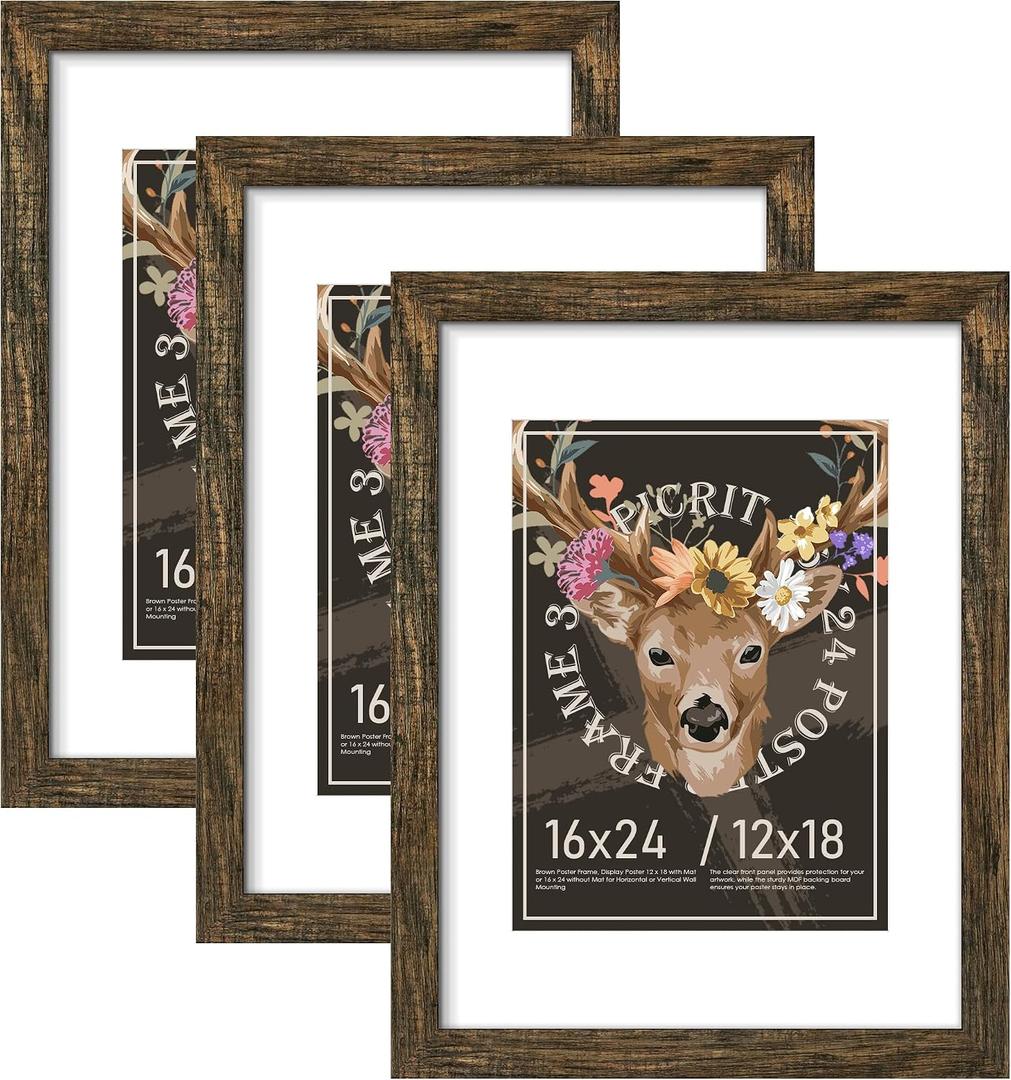 Picrit 16x24 Picture Frame 3 Pack, Brown Poster Frame, Display Poster 12 x 18 with Mat or 16 x 24 without Mat for Horizontal or Vertical Wall Mounting